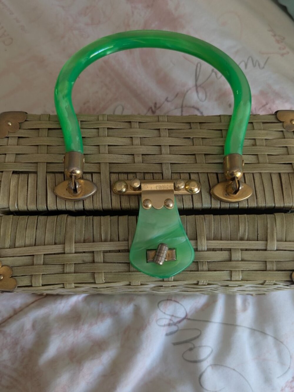 Vintage Stylecraft Box Purse Lucite latch And Handle 1950's-60's Moss Green - Picture 5 of 11